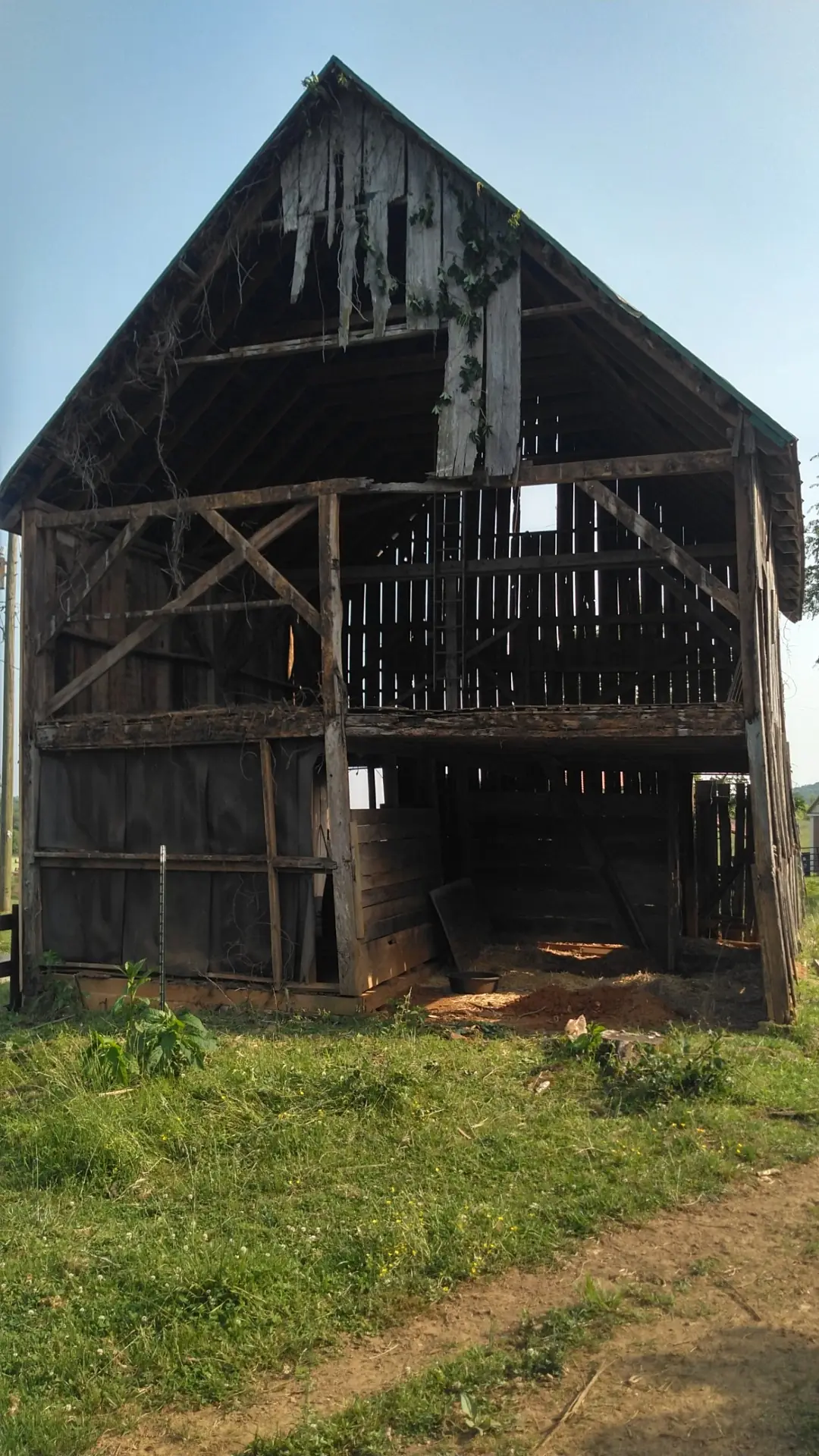 Barn gable with exposed rafters and a green metal roof.