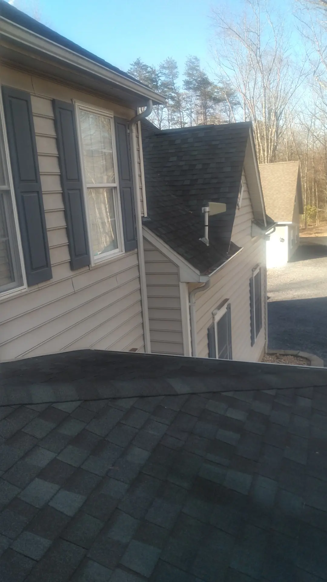 Dark architectural shingles meeting beige vinyl siding and a shuttered window.