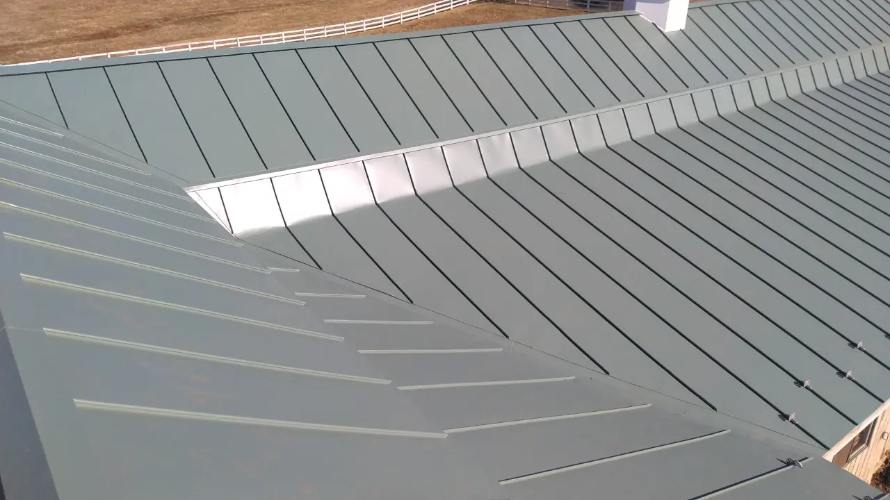 Green metal roof with a skylight strip and panel seams.