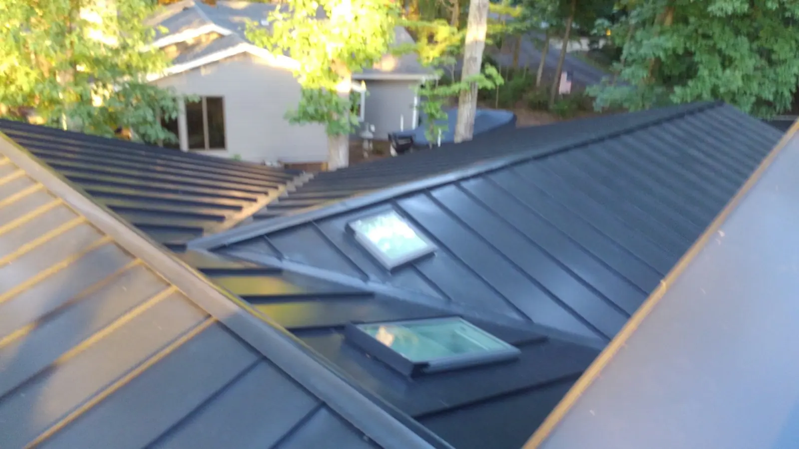 Skylights and a valley in a dark standing seam roof with trees in the background.