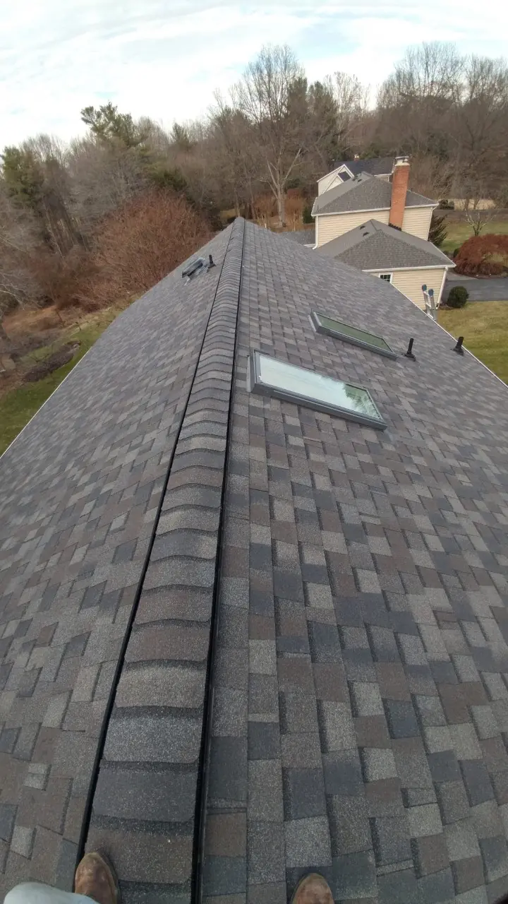 Shingle ridge running down a roof with a skylight on the plane.